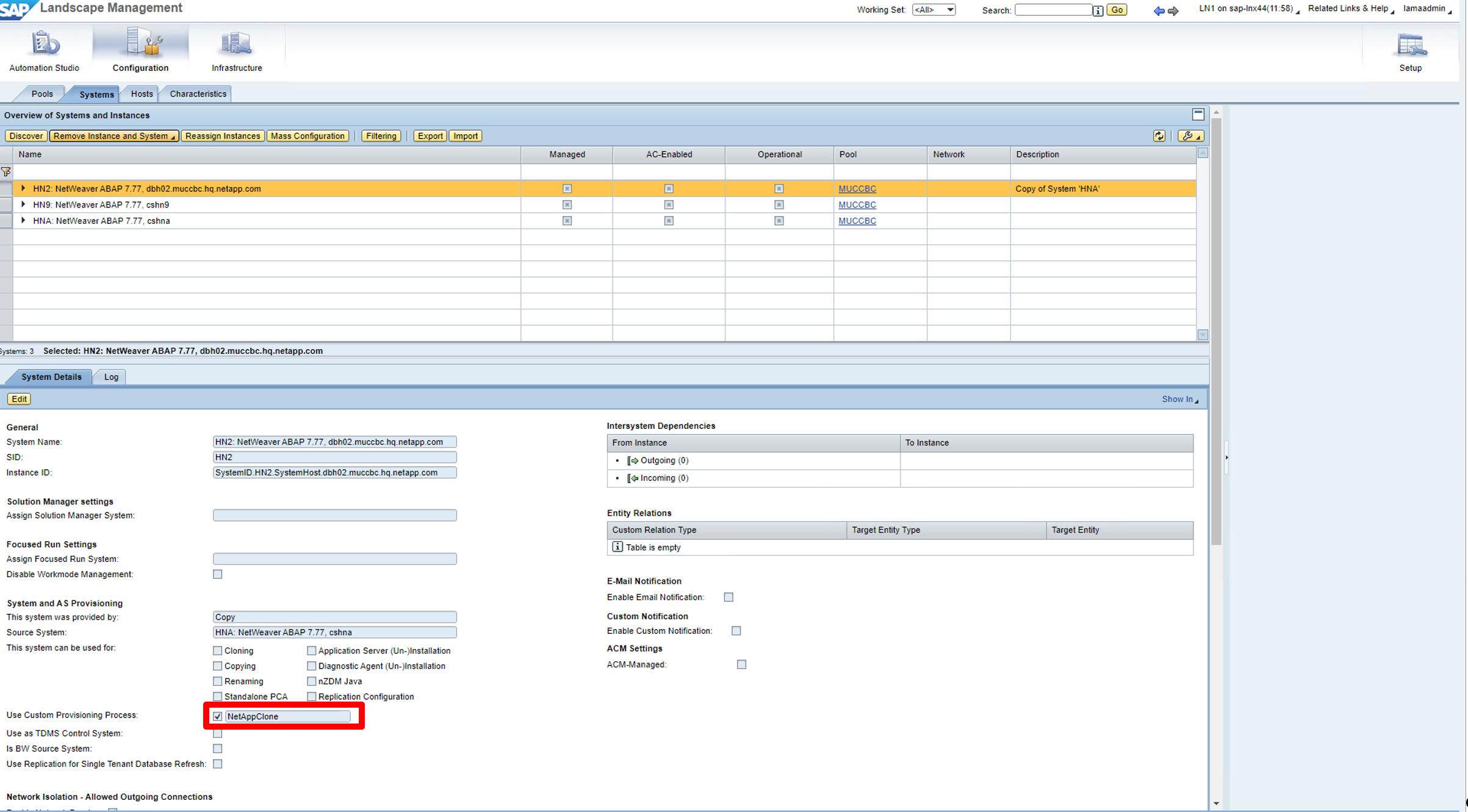 Esta captura de pantalla muestra la pantalla de sistemas Lama junto con los detalles del sistema y la casilla de verificación usar proceso personalizado está activada.