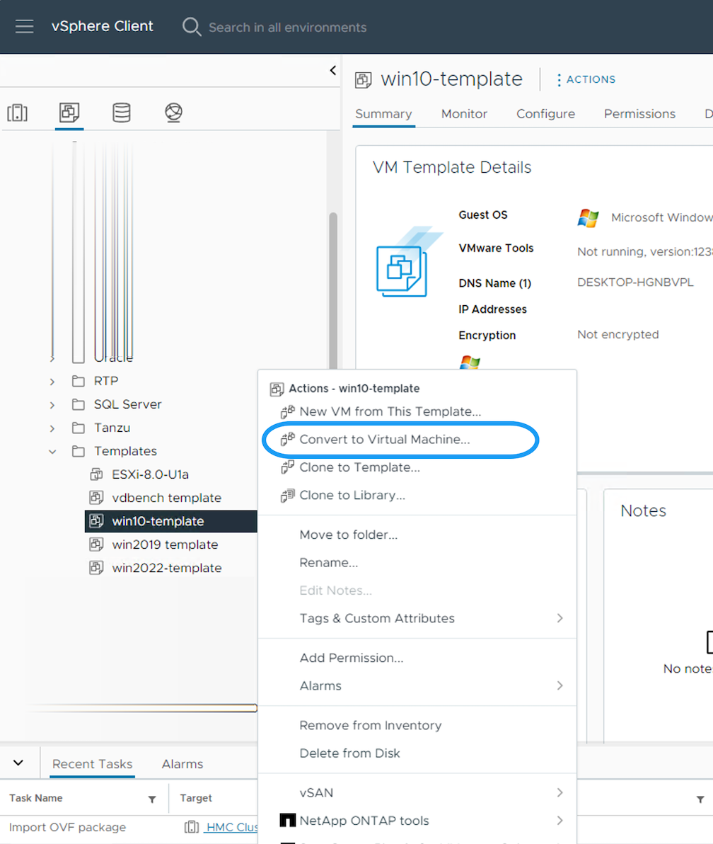 Convertir plantilla de VM a VM