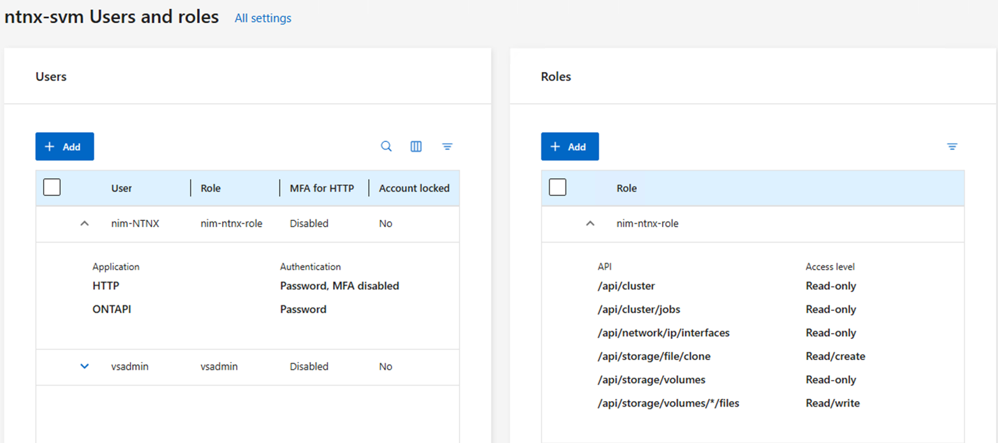 Página «Usuarios y roles» de ONTAP System Manager, en la que se muestran los usuarios y los niveles de acceso de los roles para la SVM