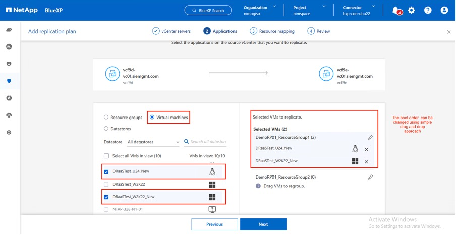 BlueXP selecciona las máquinas virtuales que desea proteger