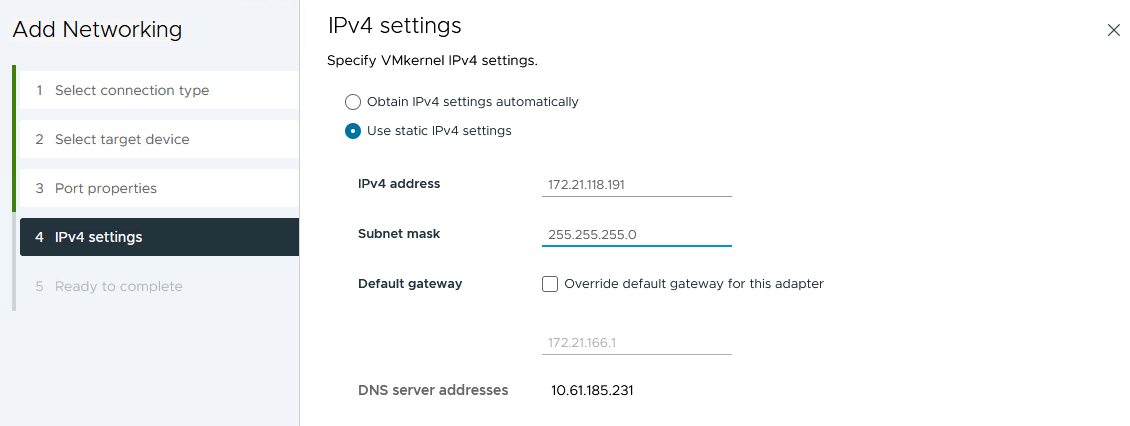 Configuración de IPv4 de VMkernel