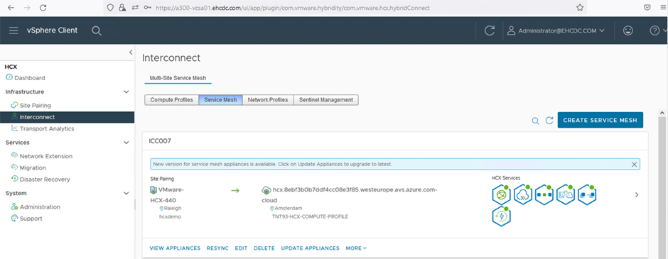 Captura de pantalla de la pestaña Service Mesh en la página vSphere Client Interconnect.