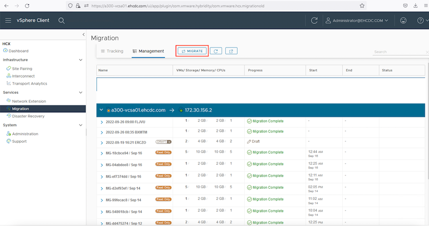 Captura de pantalla de la sección Migration del cliente vSphere.