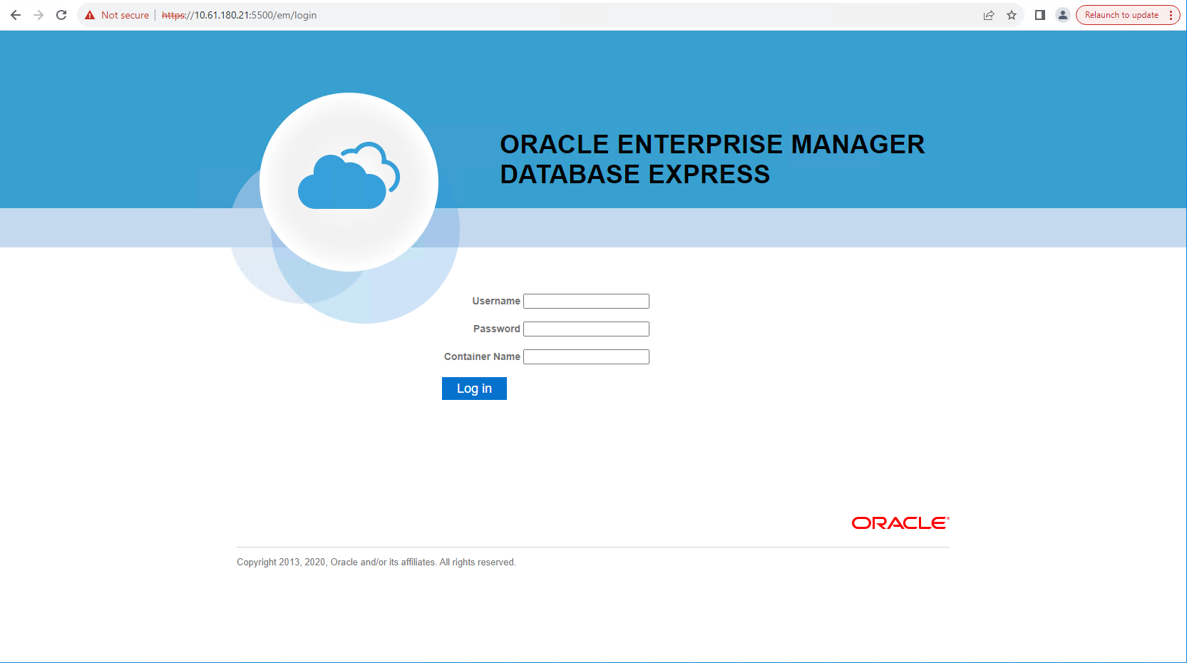 Esta imagen proporciona una pantalla de conexión para Oracle Enterprise Manager Express