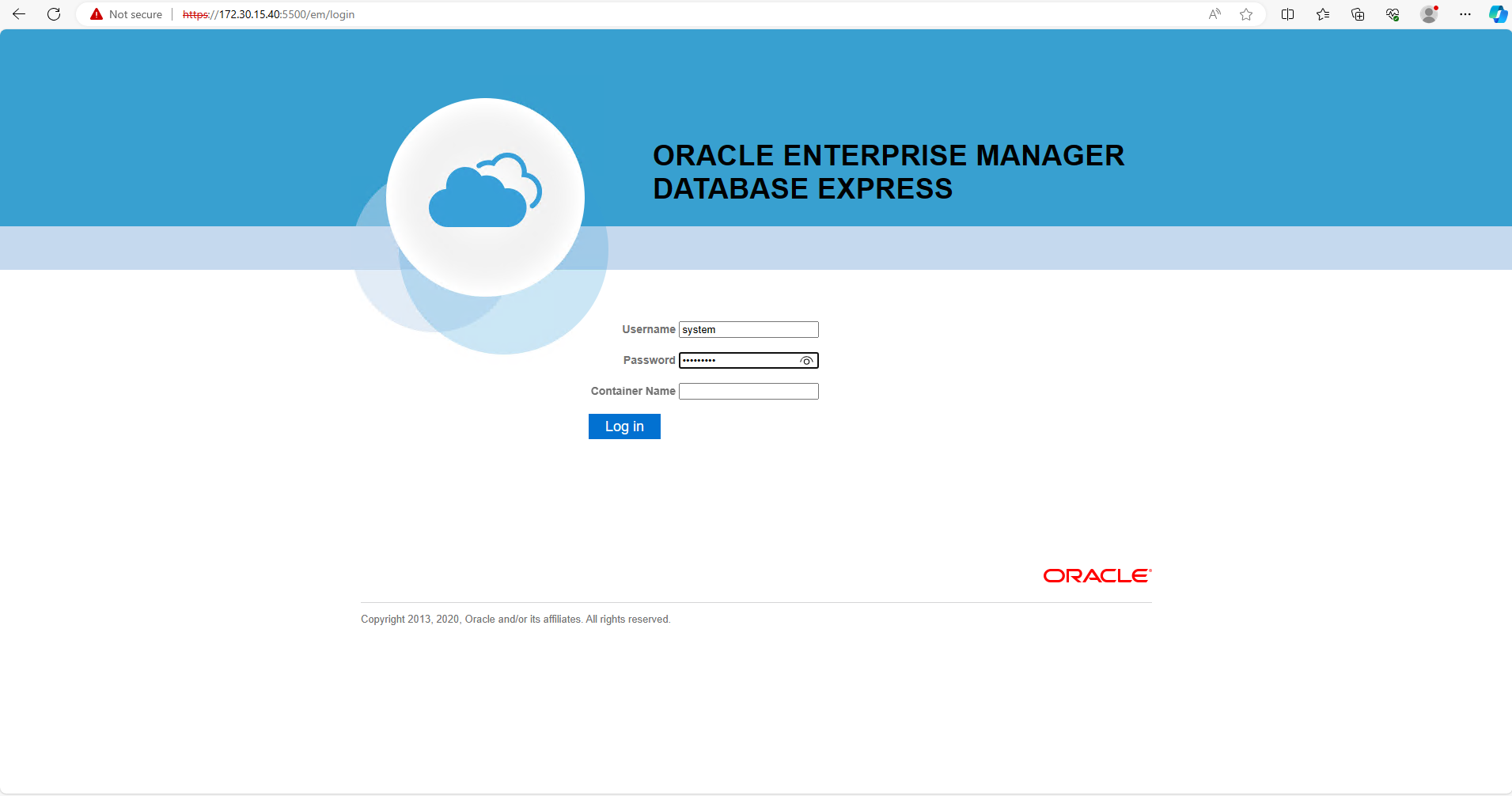 Esta imagen proporciona una pantalla de conexión para Oracle Enterprise Manager Express