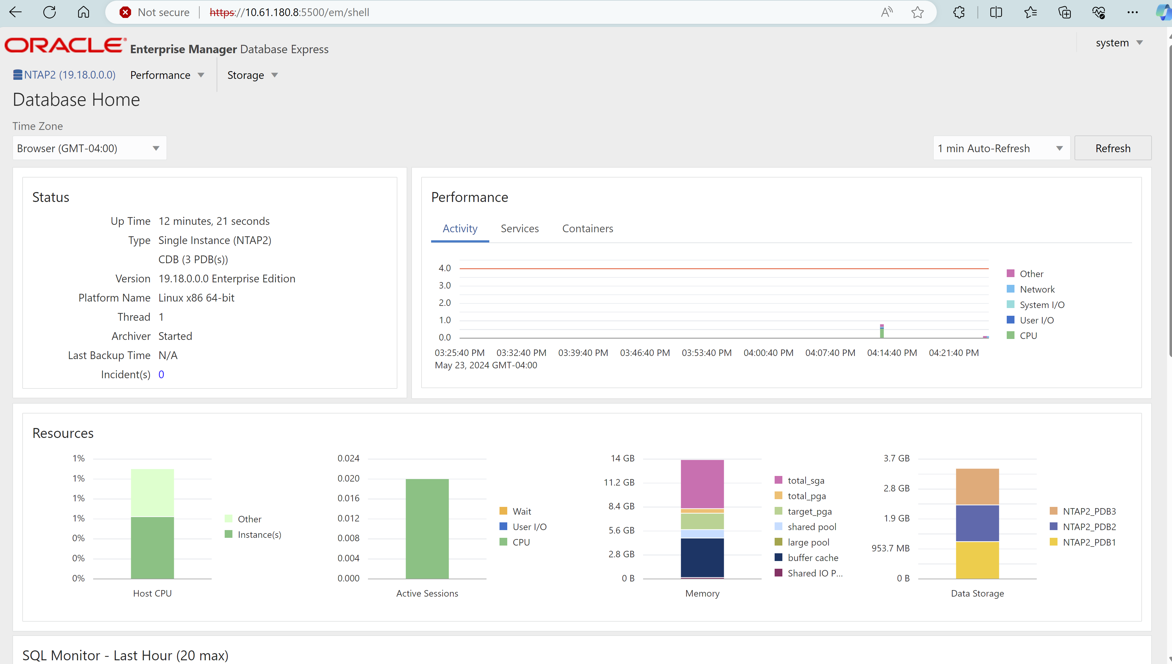 Esta imagen proporciona una vista de base de datos de contenedor desde Oracle Enterprise Manager Express