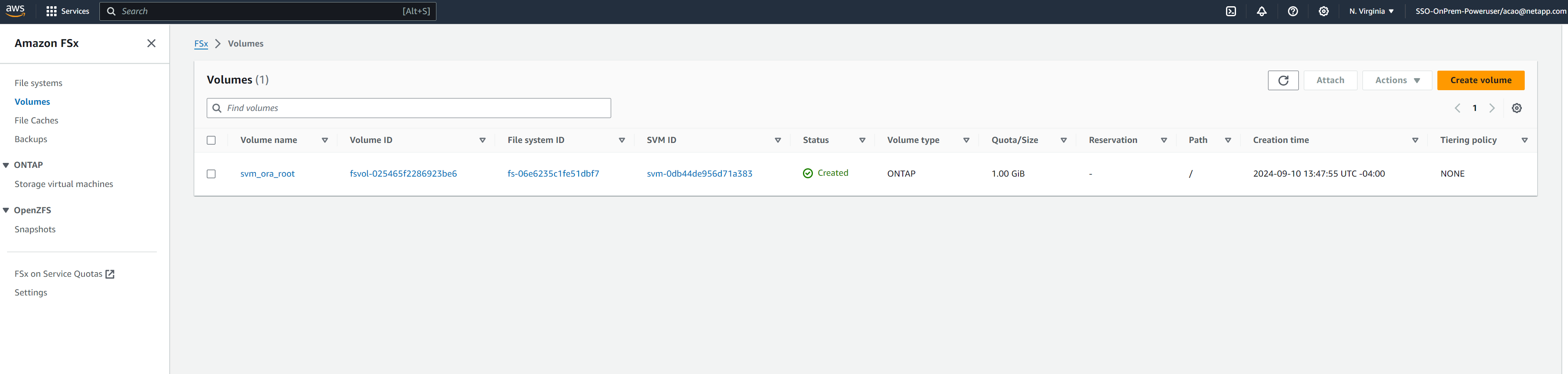 Esta imagen proporciona el aprovisionamiento de volúmenes de Amazon FSx ONTAP desde la consola FSx de AWS