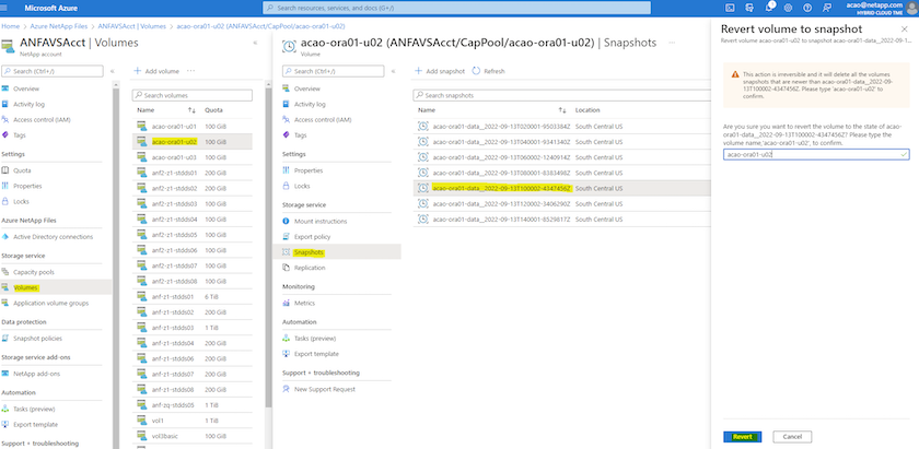 El "¿está seguro de que desea hacer esto?" página para la reversión de la copia de snapshot de volumen de datos.