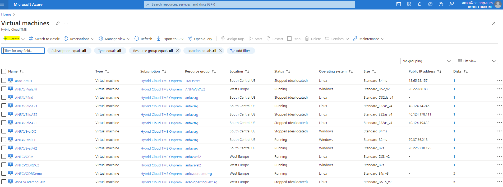 Esta captura de pantalla muestra la lista de máquinas virtuales de Azure disponibles.