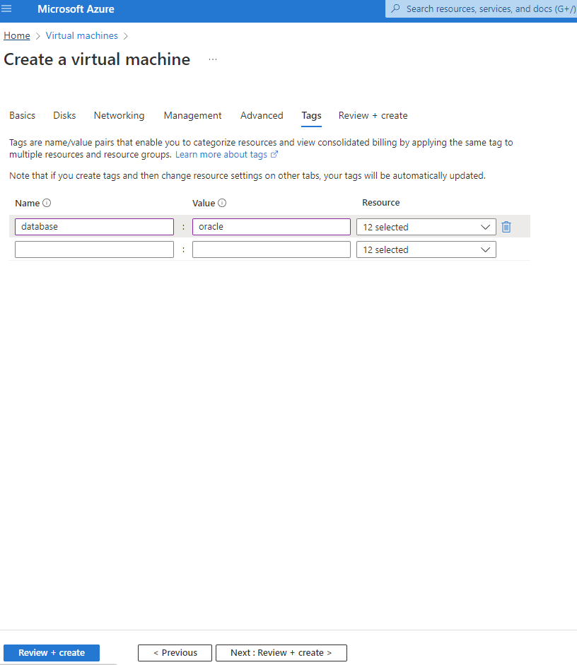 Esta captura de pantalla muestra la entrada de la página Crear una máquina virtual Etiquetas.