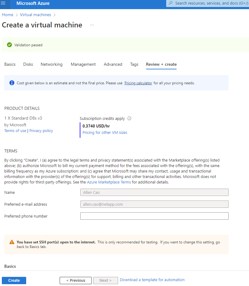 Esta captura de pantalla muestra la entrada de la página Crear una máquina virtual de revisión y creación