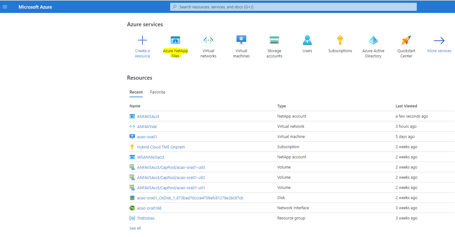 Esta captura de pantalla muestra la página de Azure Services, con ANF resaltado.