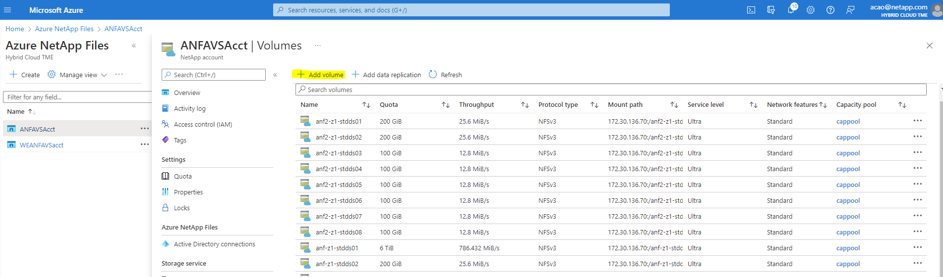 Esta captura de pantalla muestra los volúmenes disponibles para la cuenta de almacenamiento de NetApp.