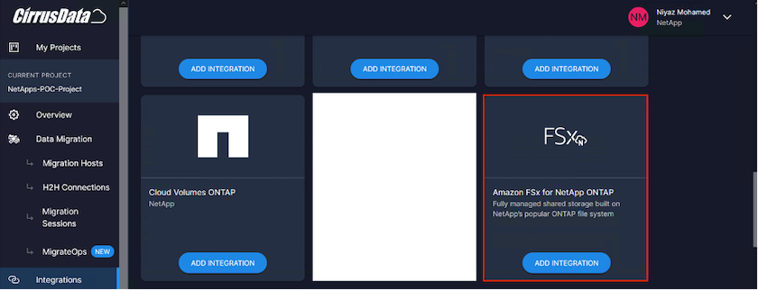 Imagen de la interfaz de usuario 'Añadir integración' de Cirrus Data