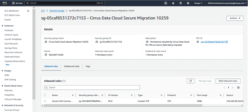 Imagen de la regla de entrada necesaria para la migración de Cirrus Data