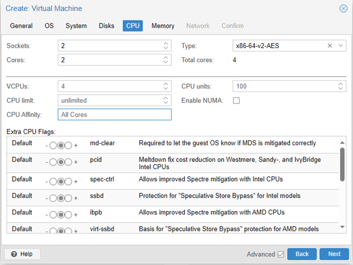 Opciones de CPU de VM