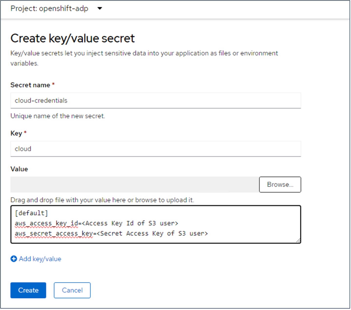 Create Secret para las credenciales de usuario S3