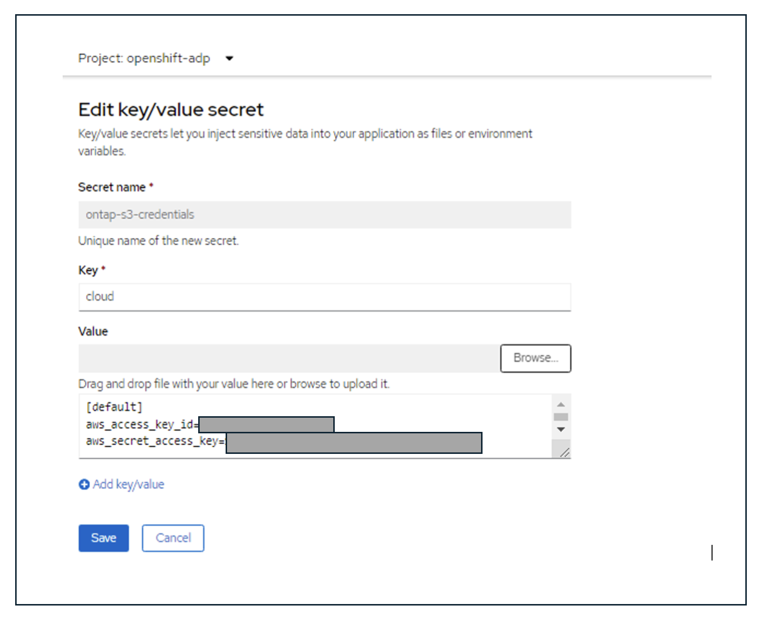 Create Secret para las credenciales de usuario S3