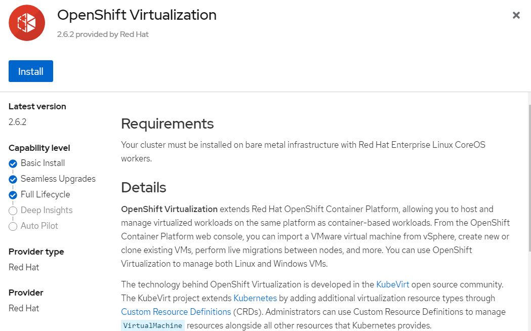 Recuadro del operador de virtualización OpenShift