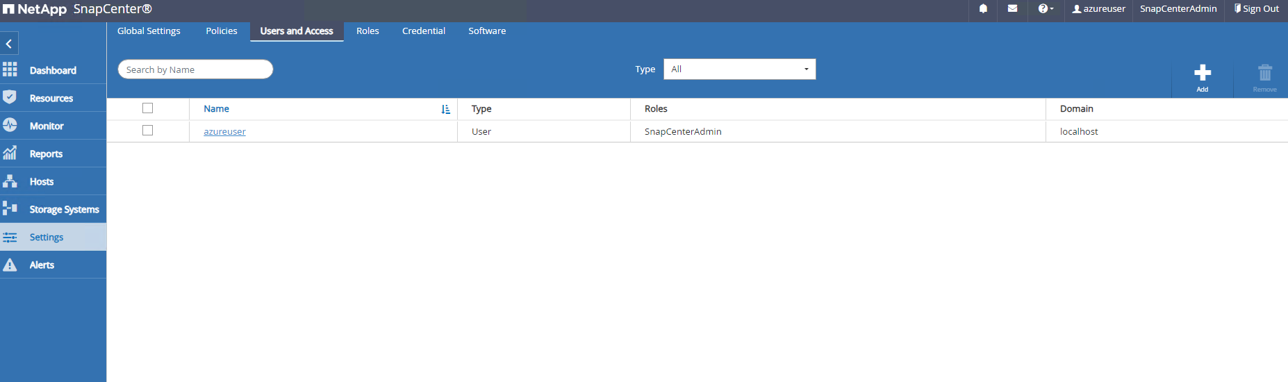 Esta imagen proporciona Configuración-Usuarios y Acceso para el servidor SnapCenter