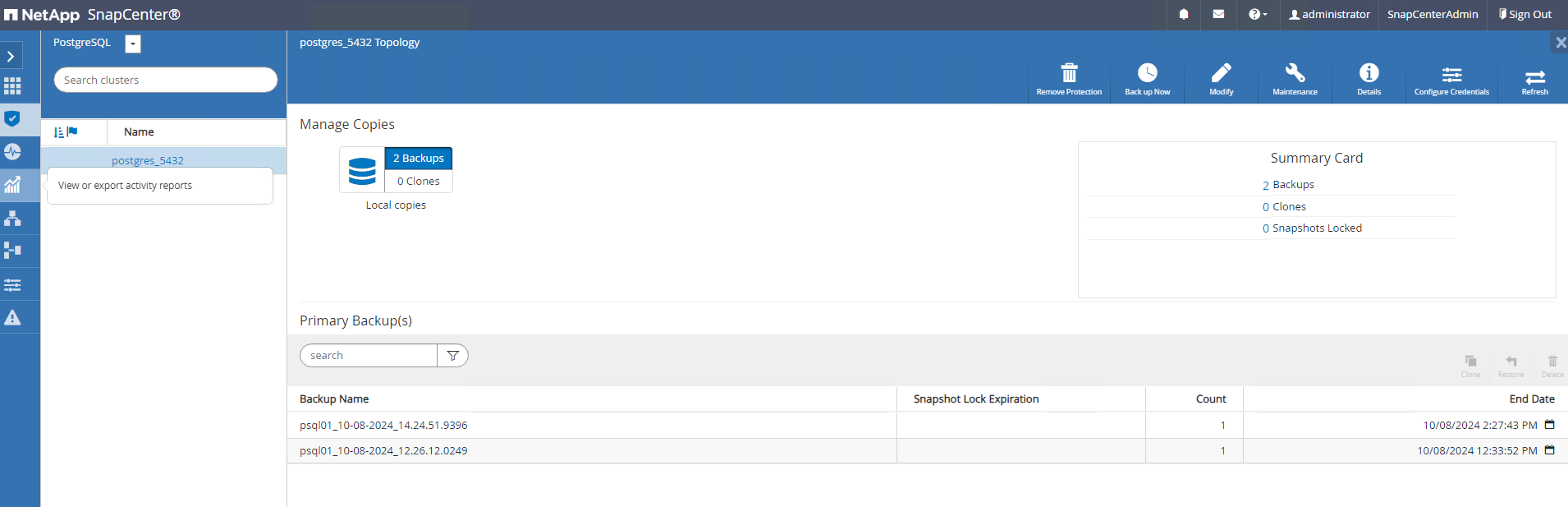 Esta imagen proporciona una copia de seguridad de base de datos para el servidor SnapCenter