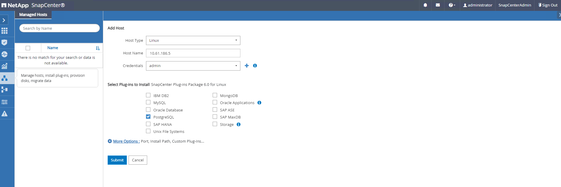 Esta imagen proporciona hosts para el servidor SnapCenter