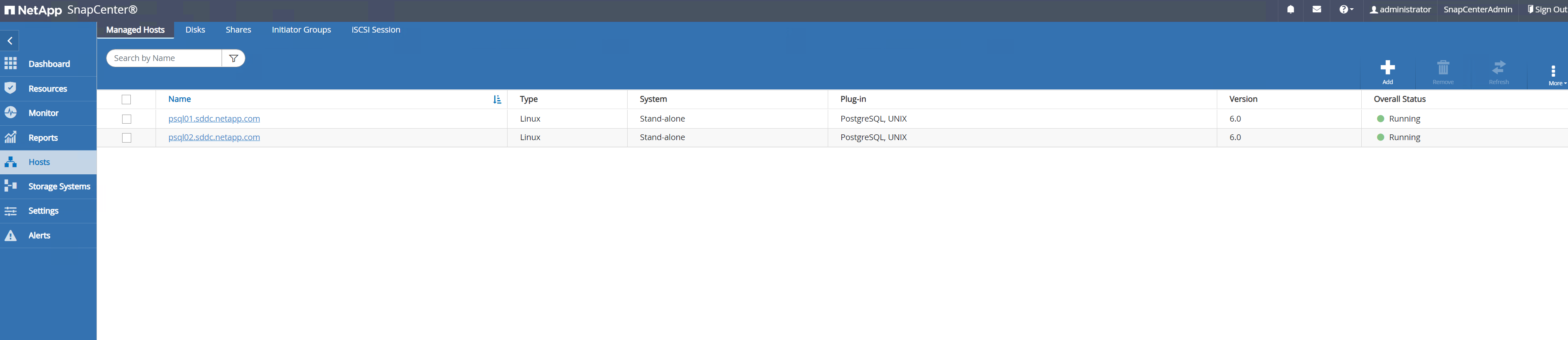 Esta imagen proporciona hosts para el servidor SnapCenter