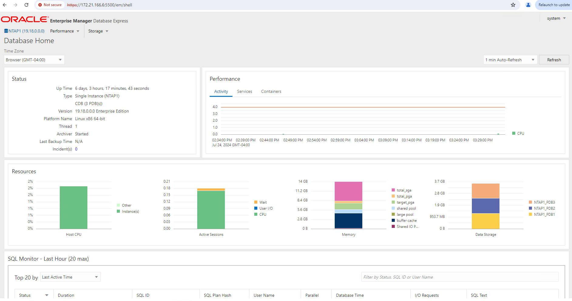 Captura de pantalla que muestra la configuración de Oracle EM Express.