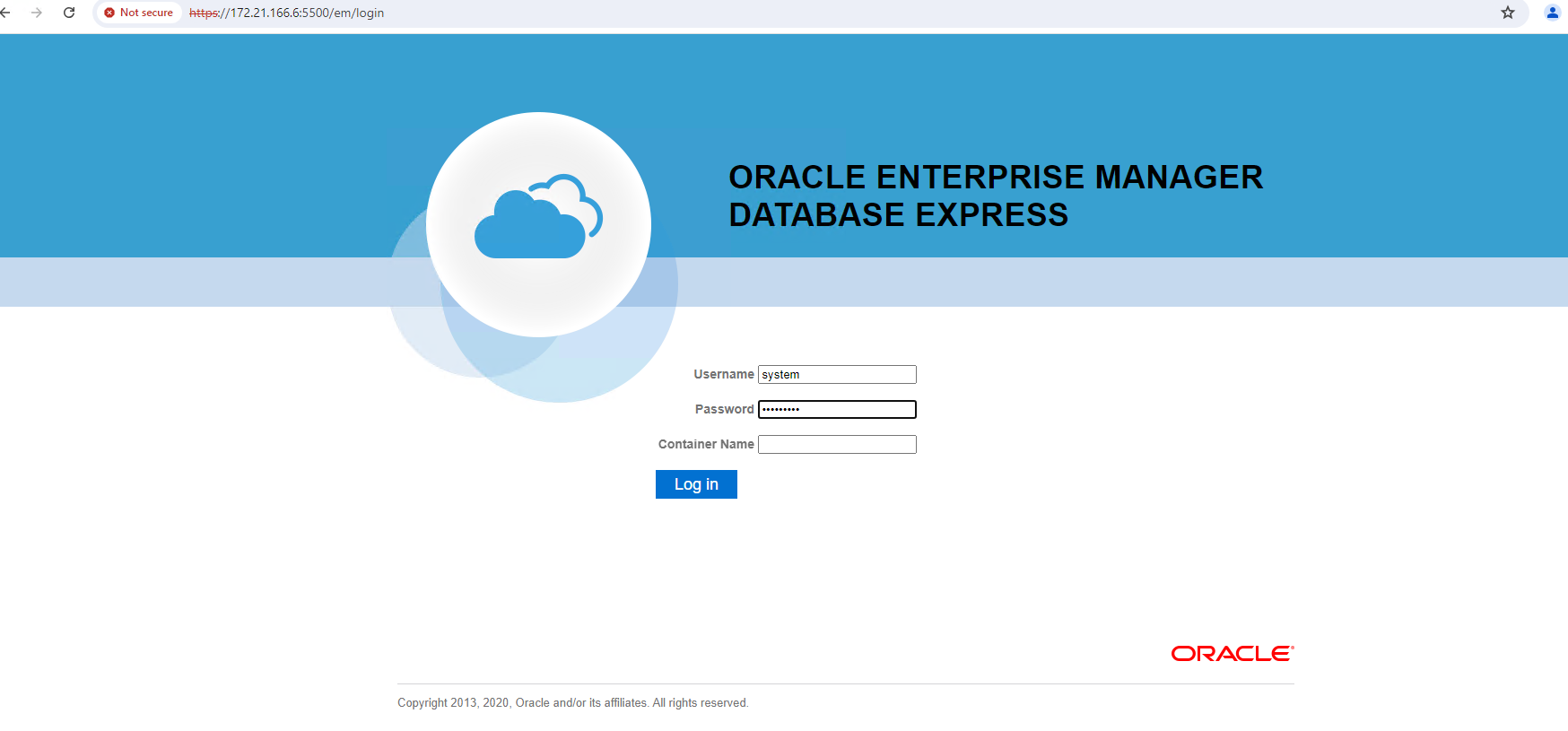 Captura de pantalla que muestra la configuración de Oracle EM Express.