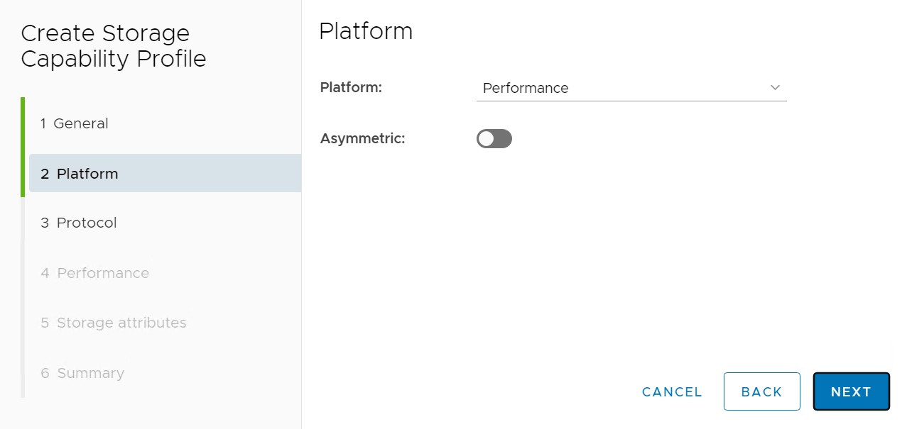 Captura de pantalla que muestra una configuración de perfil de funcionalidades de almacenamiento personalizada.