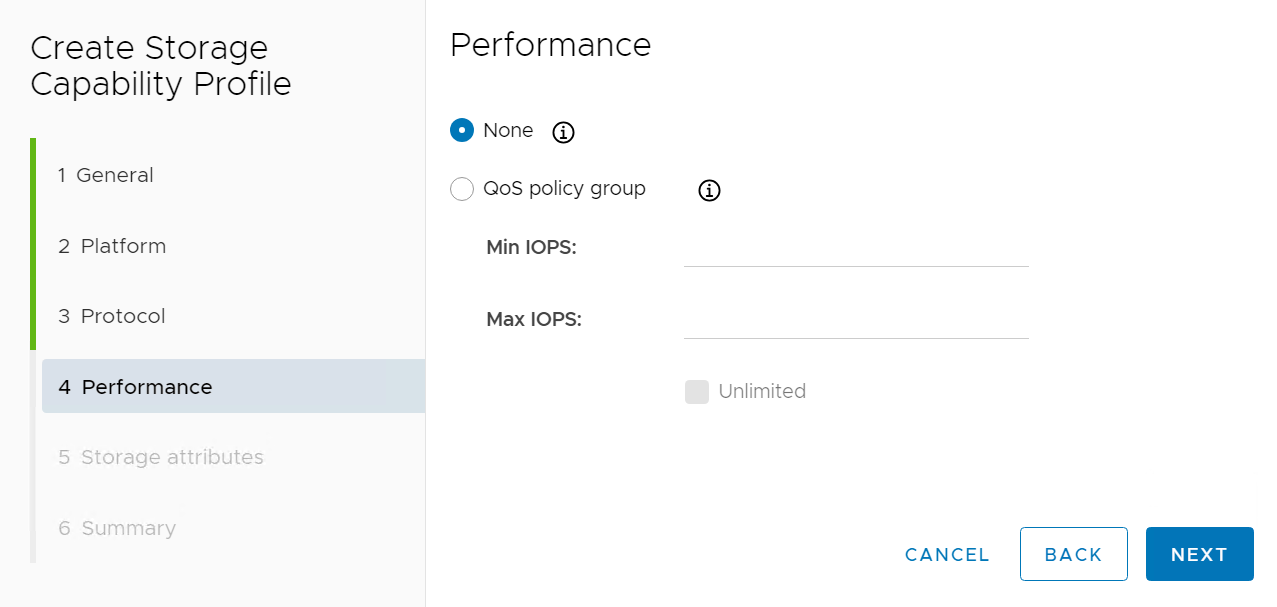 Captura de pantalla que muestra una configuración de perfil de funcionalidades de almacenamiento personalizada.