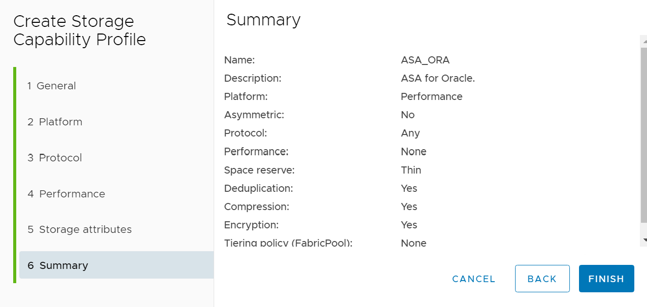 Captura de pantalla que muestra una configuración de perfil de funcionalidades de almacenamiento personalizada.