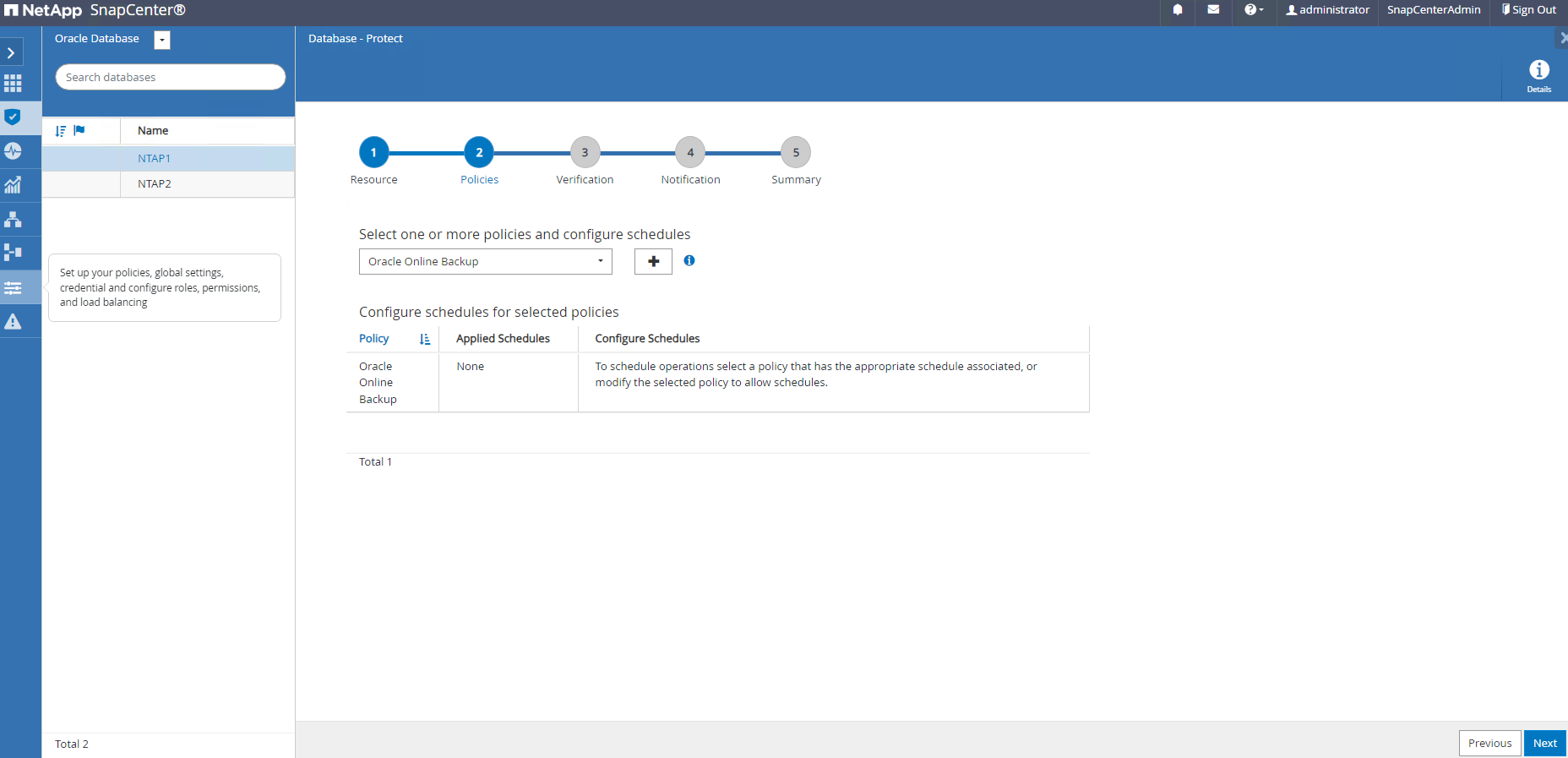 Captura de pantalla que muestra la configuración de SnapCenter.