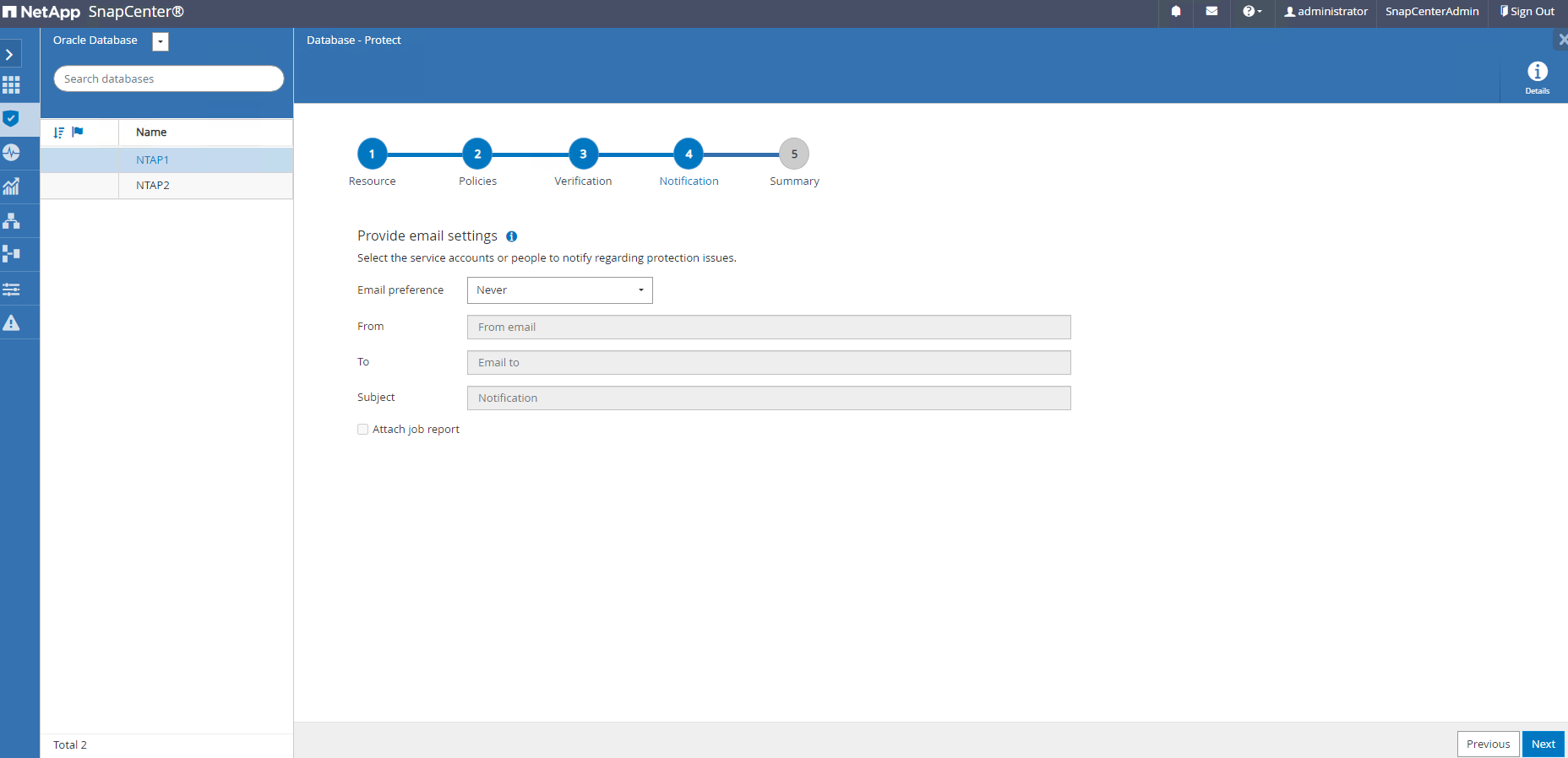 Captura de pantalla que muestra la configuración de SnapCenter.