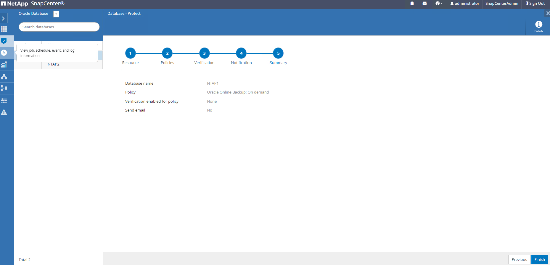 Captura de pantalla que muestra la configuración de SnapCenter.