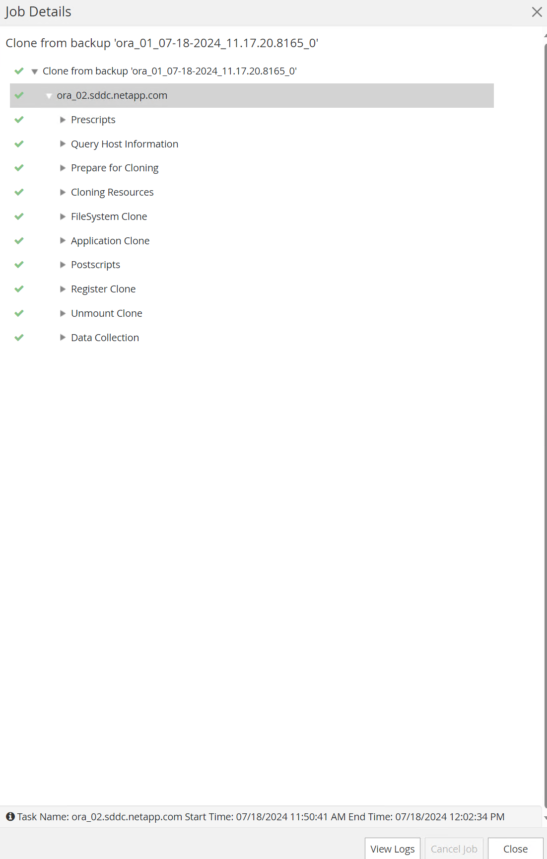 Captura de pantalla que muestra la configuración de SnapCenter.