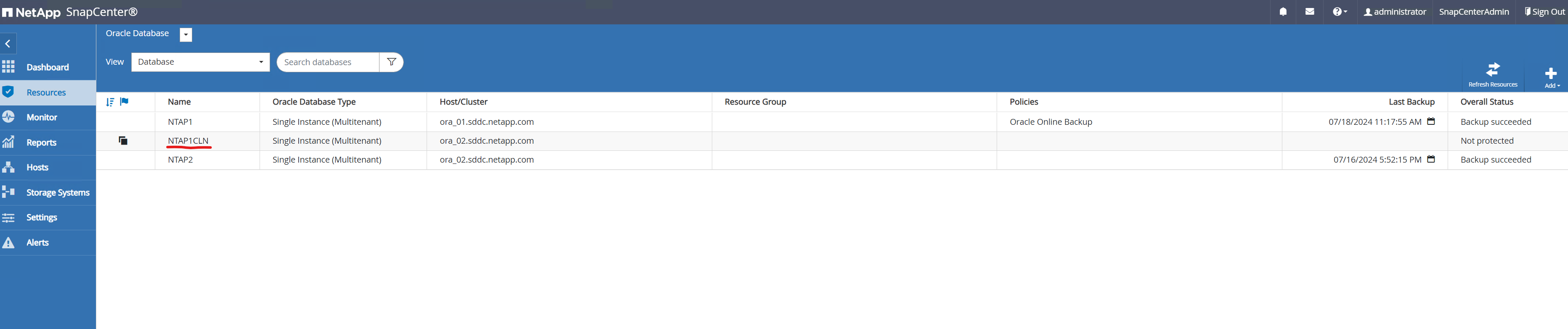 Captura de pantalla que muestra la configuración de SnapCenter.