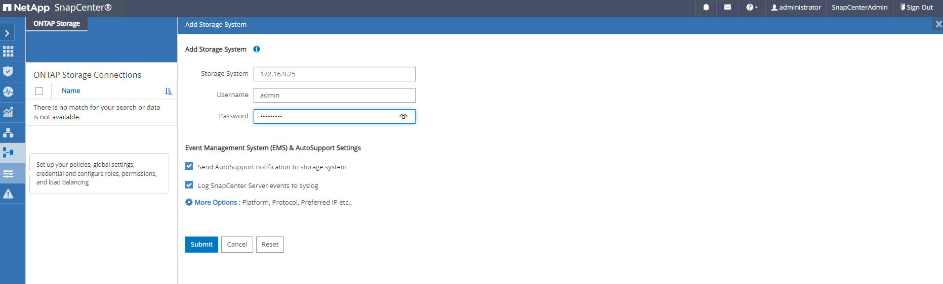 Captura de pantalla que muestra la configuración de SnapCenter.