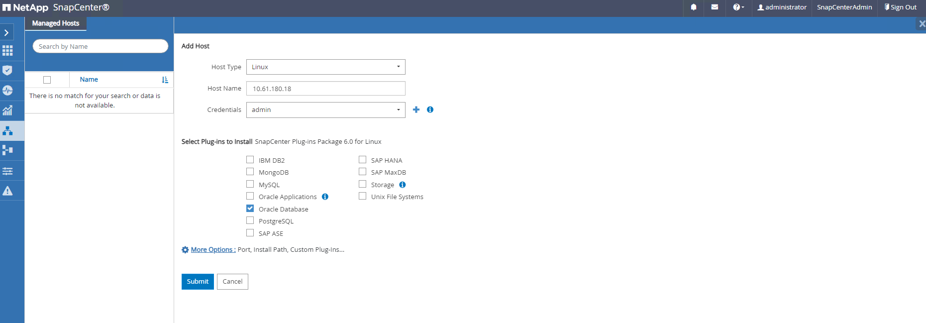 Captura de pantalla que muestra la configuración de SnapCenter.