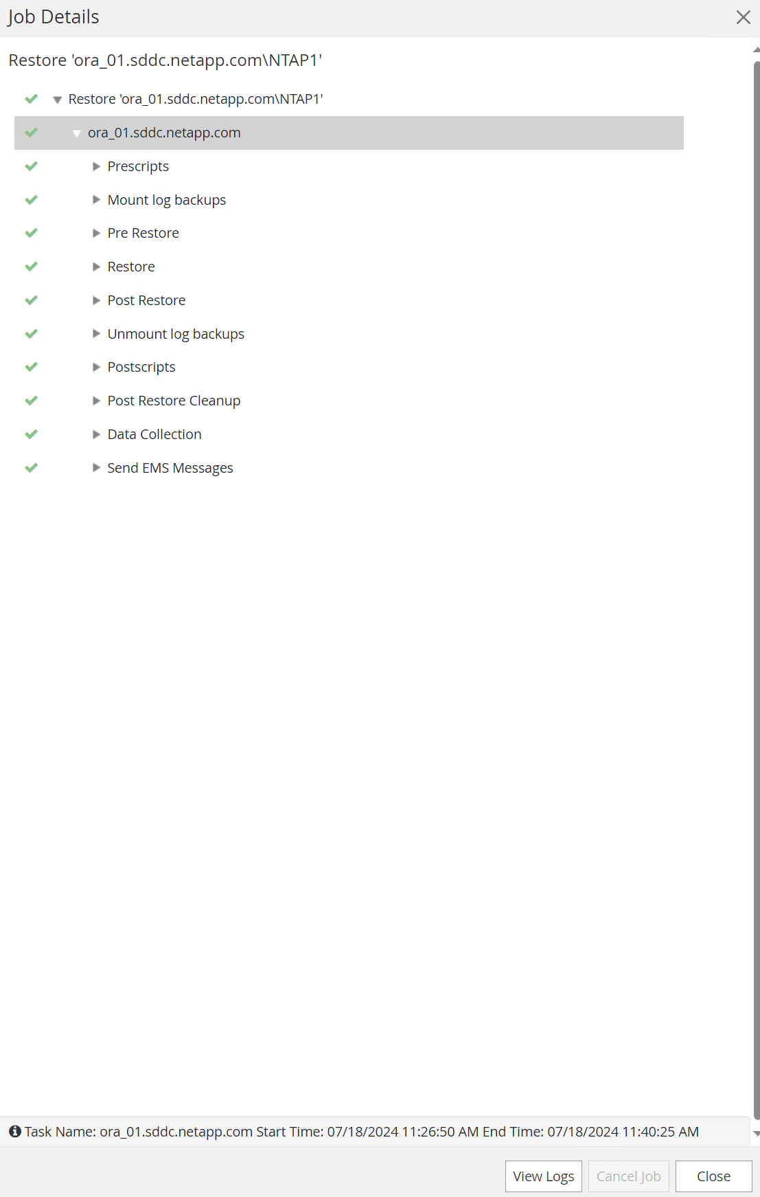 Captura de pantalla que muestra la configuración de SnapCenter.