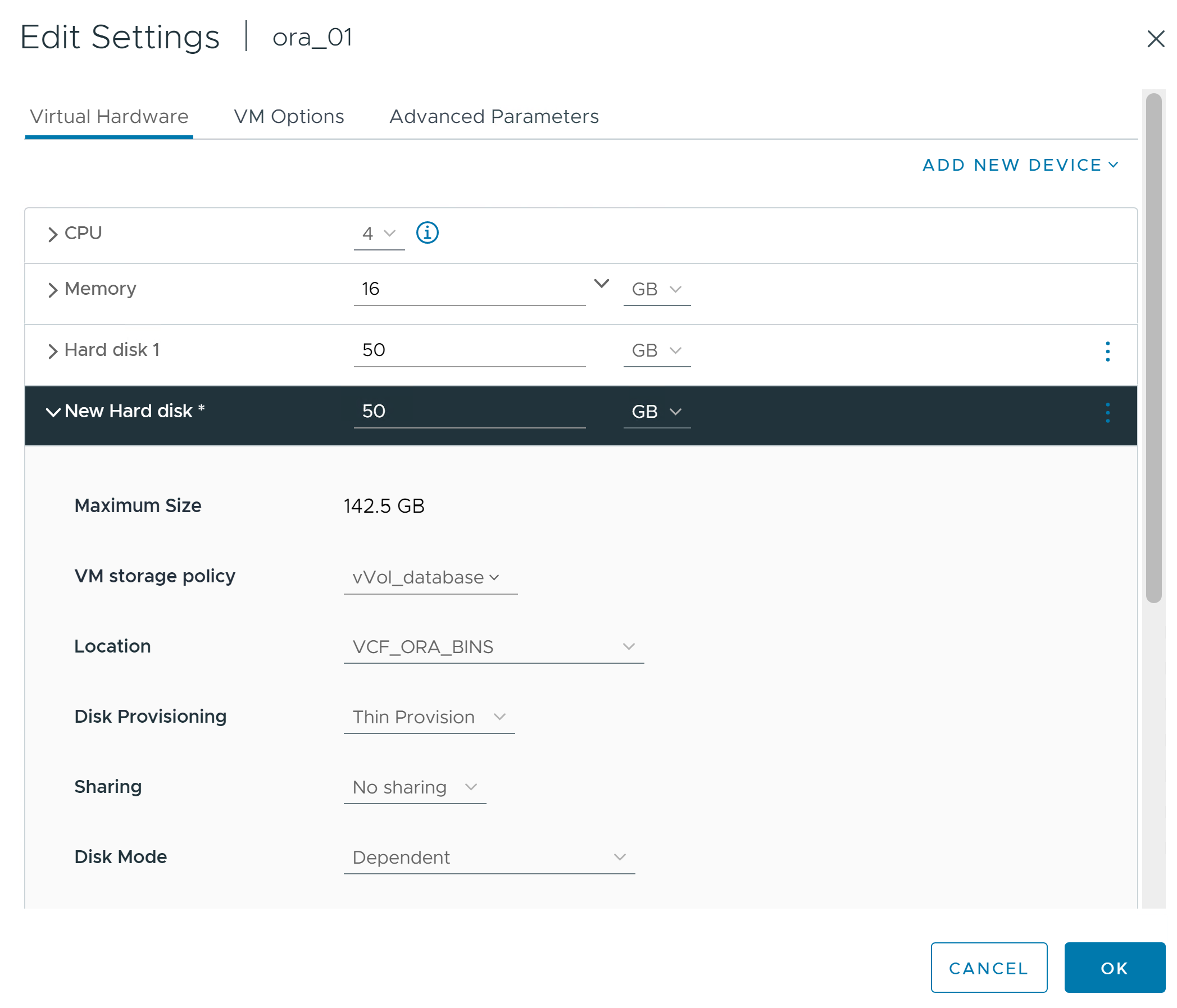 Captura de pantalla que muestra una configuración de almacenamiento de máquina virtual.