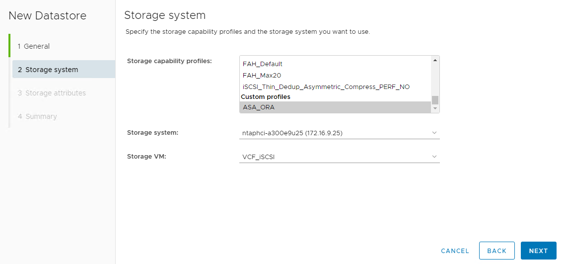 Captura de pantalla que muestra la configuración del almacén de datos de vVols.