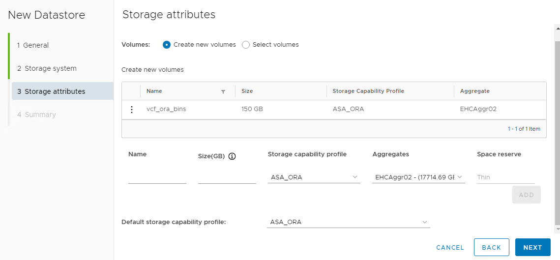 Captura de pantalla que muestra la configuración del almacén de datos de vVols.