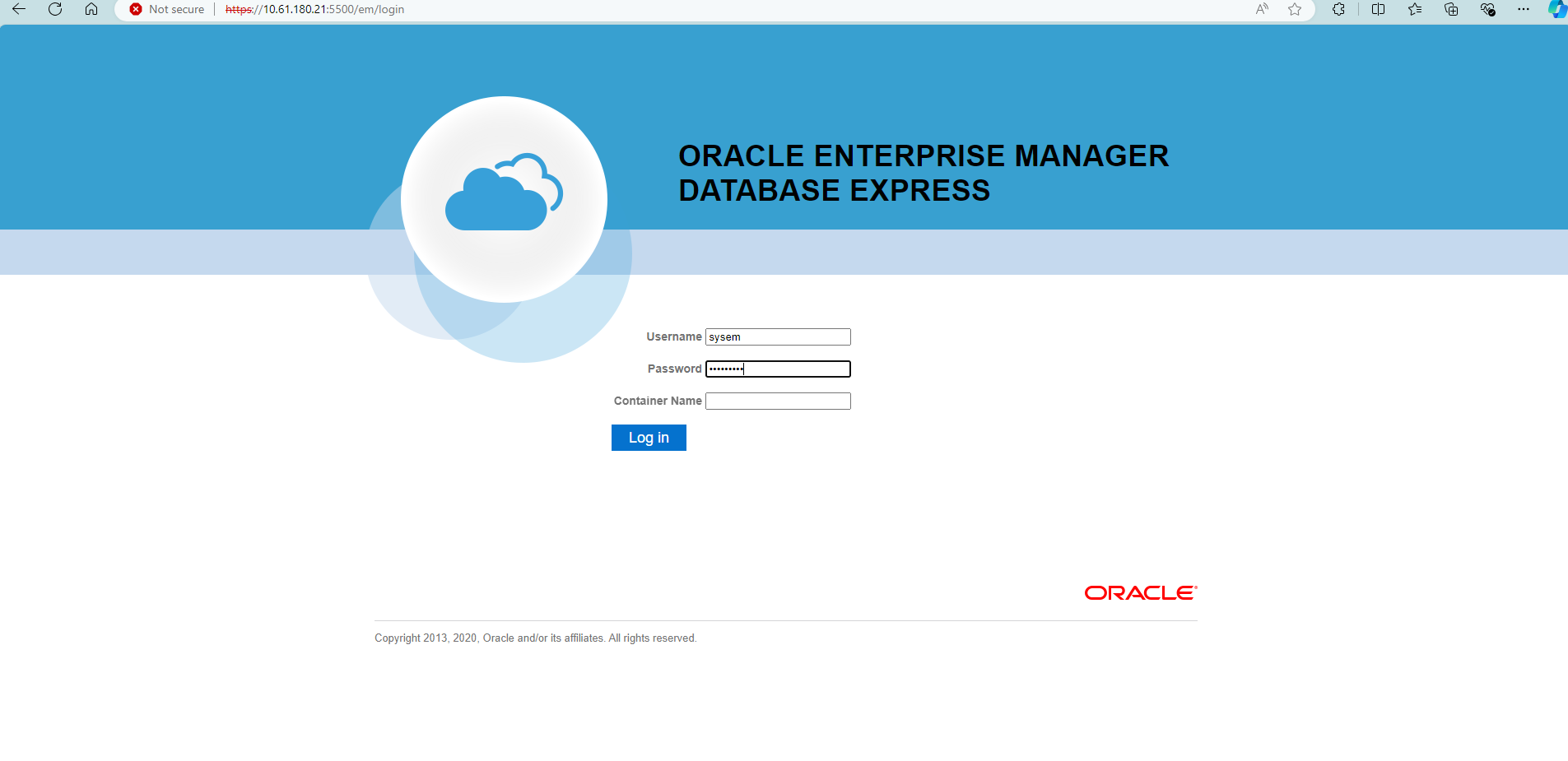 Captura de pantalla que muestra la configuración de Oracle EM Express.