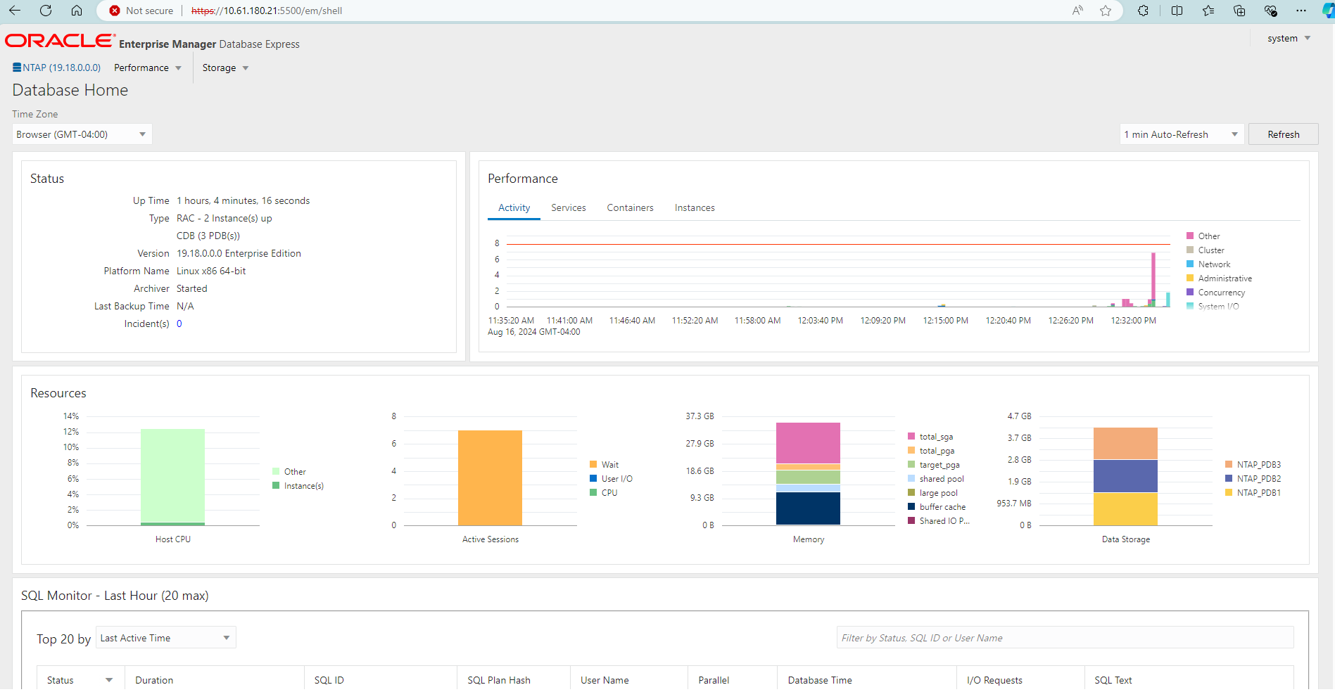 Captura de pantalla que muestra la configuración de Oracle EM Express.