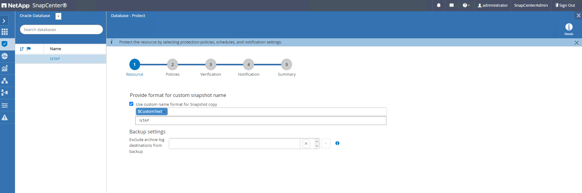 Captura de pantalla que muestra la configuración de SnapCenter.