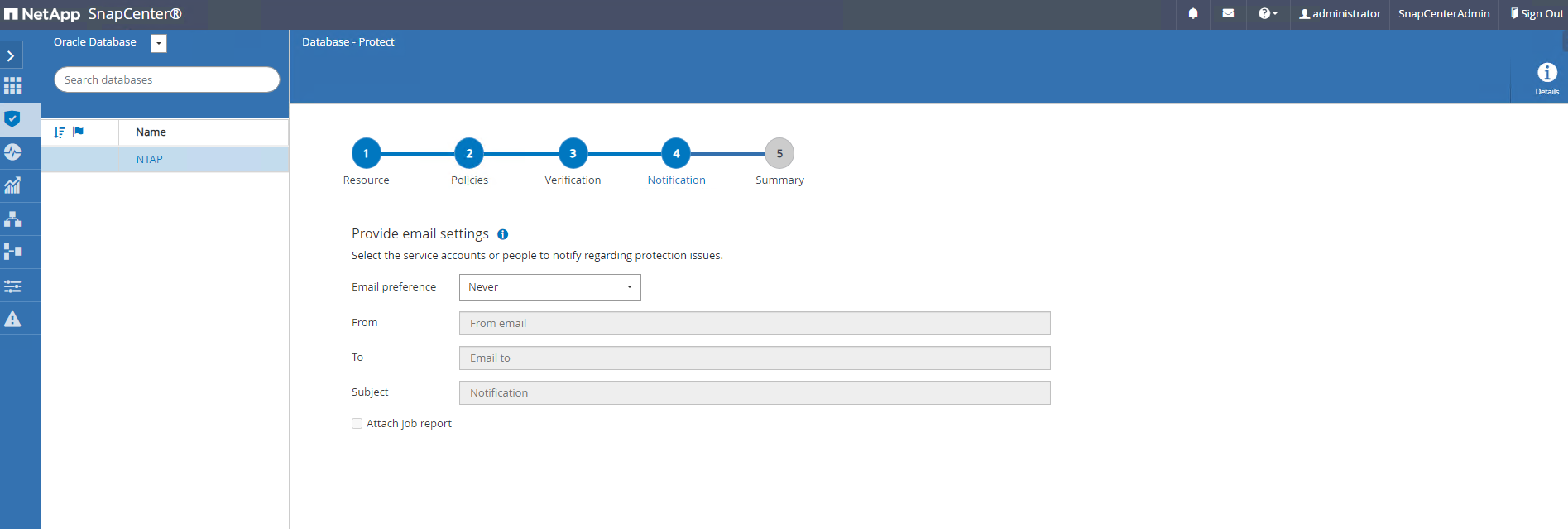 Captura de pantalla que muestra la configuración de SnapCenter.