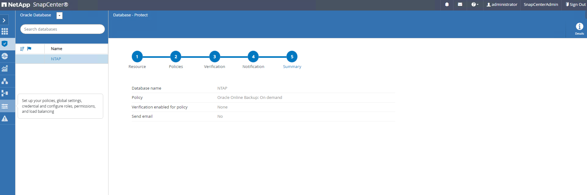 Captura de pantalla que muestra la configuración de SnapCenter.