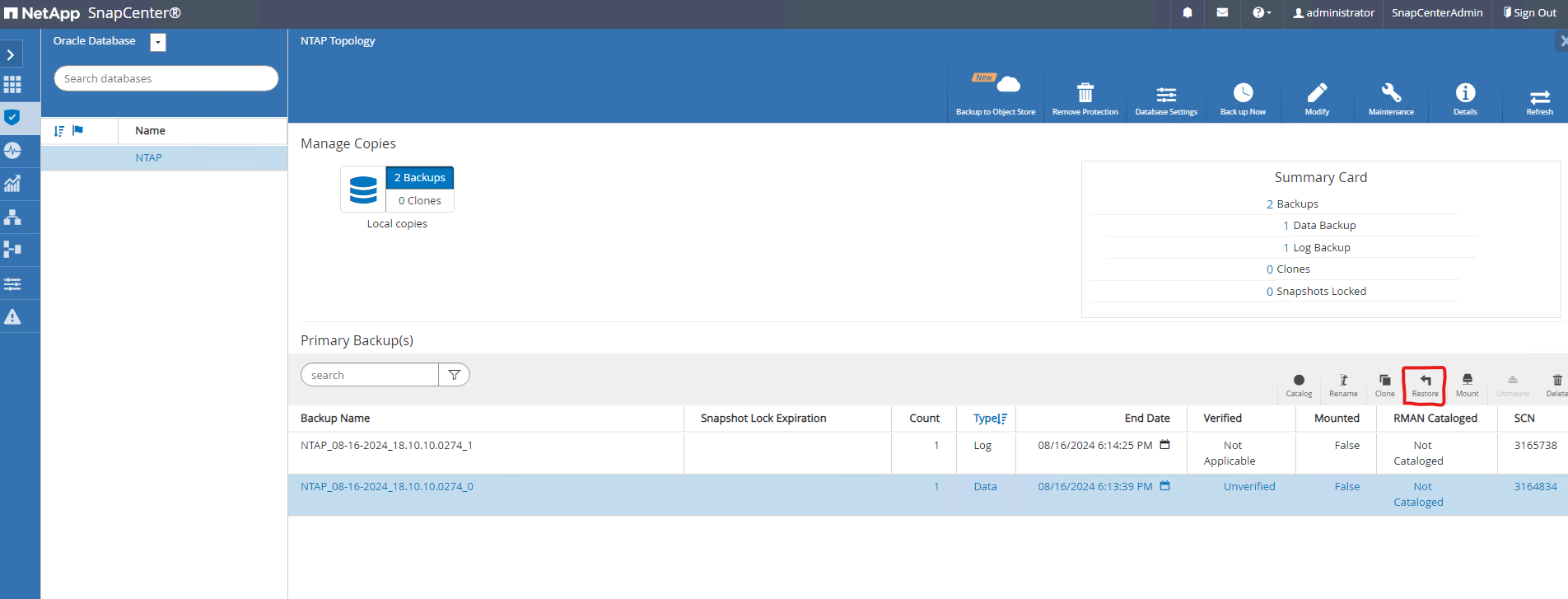 Captura de pantalla que muestra la configuración de SnapCenter.