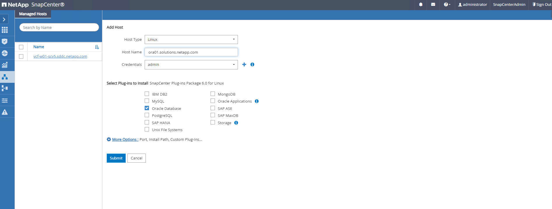 Captura de pantalla que muestra la configuración de SnapCenter.